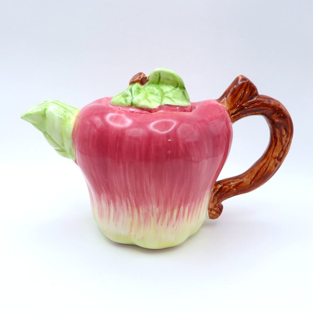 Vintage Apple Shaped Ceramic Teapot Single Serve Reddish Pink and Green 8 Oz